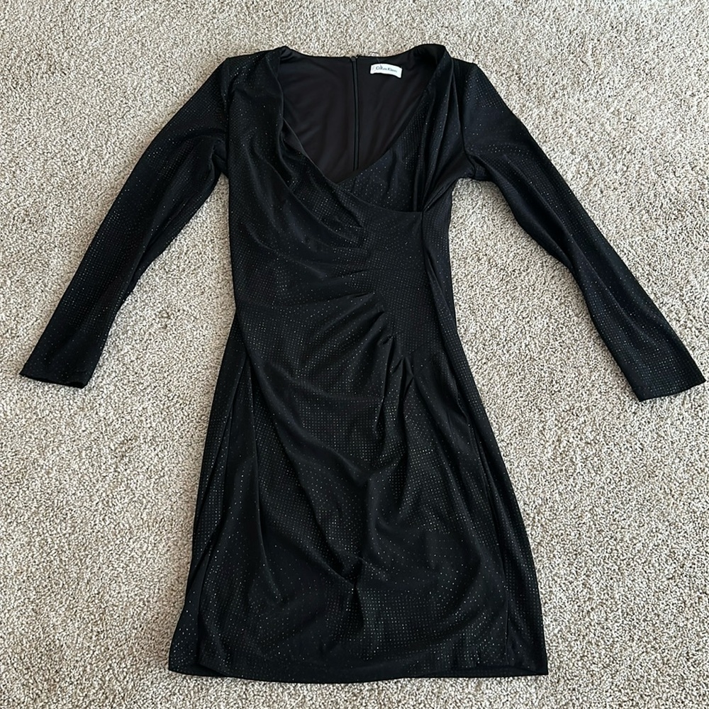 Calvin Klein Black Sparkly Cinched Waist V Neck Knee Length Dress Small
